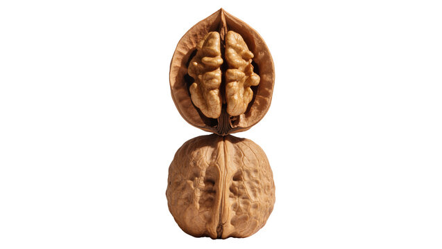 Whole walnut shell cracked open revealing edible kernel, isolated on transparent background