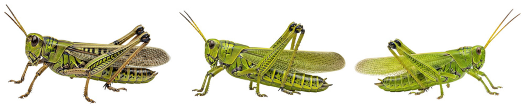 Three detailed photographs of green grasshoppers in various side views, isolated on a transparent background.
