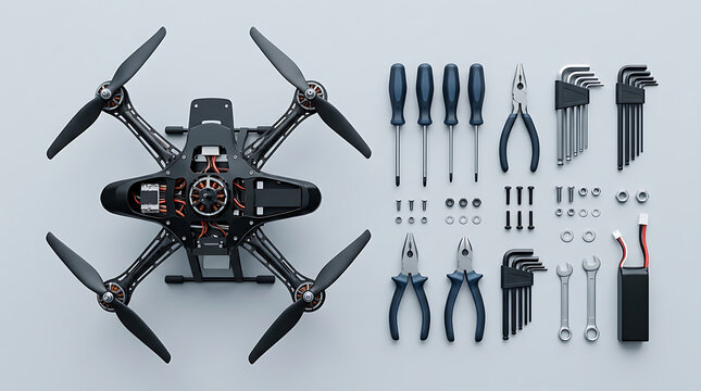 Drone assembly and engineering kit flat lay with tools on light background