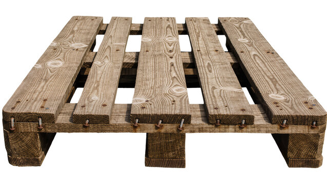 Rustic wooden shipping pallet with visible grain and metal fasteners, isolated on transparent background