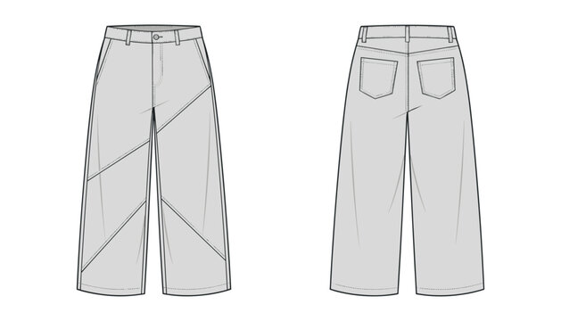 Women wide leg patchwork jeans fashion technical sketch vector template showing front and back view denim pants design mockup.