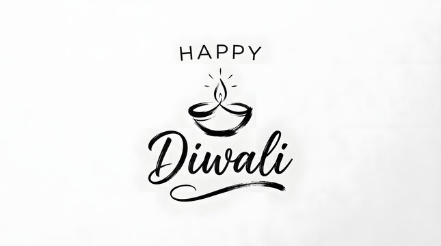 Happy diwali greeting card with handdrawn brush stroke style text and a simple diya oil lamp icon isolated on white background