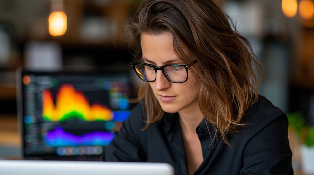 Focused brunette woman wearing black glasses concentrates intently while analyzing colorful digital data charts on her bright portable laptop screen today