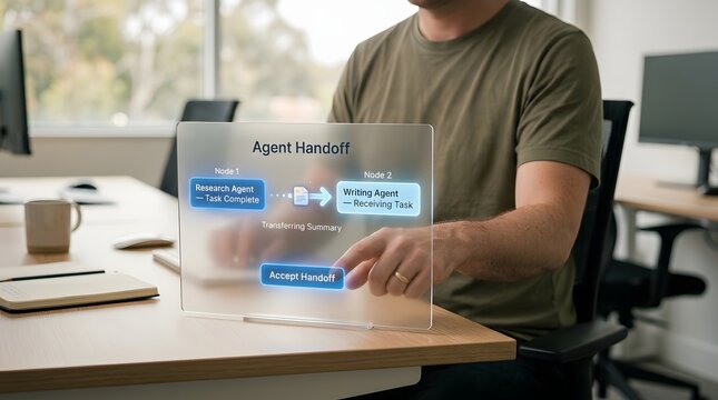 Office employee taps a transparent interactive display glass panel to manage automated software agent tasks during a modern business workflow process.
