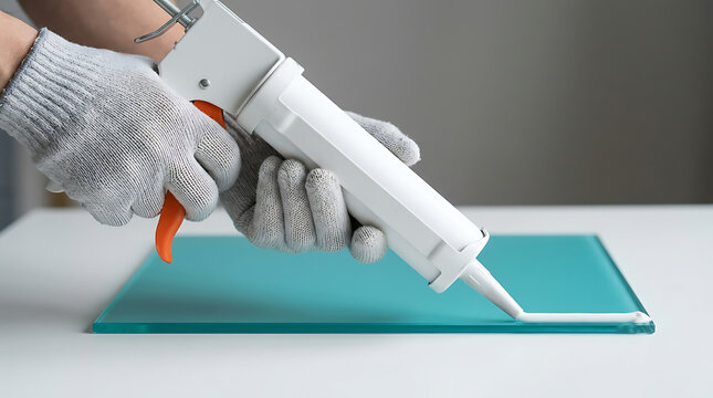 Precision application of sealant by gloved hands using a professional caulking gun on a glass surface