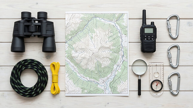 Leadership Navigation Concept with Topographic Map Binoculars and Travel Gear