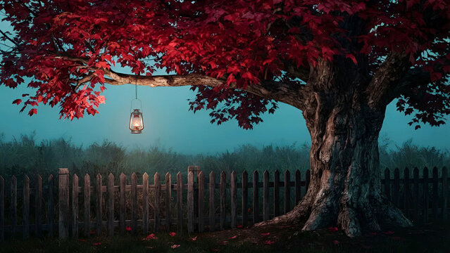 Golden Lantern Light on an Ancient Crimson Maple