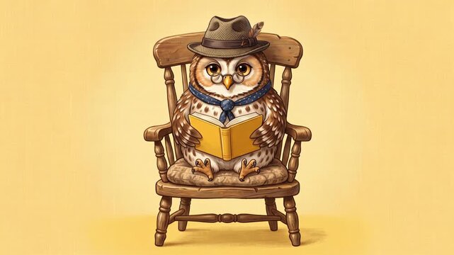 Whimsical owl reading a book while sitting on a wooden chair, charming educational character concept, 4K video