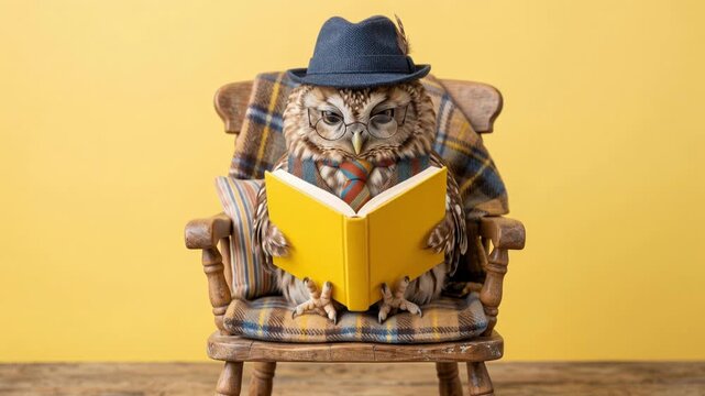Whimsical owl reading a book while sitting on a wooden chair, charming educational character concept, 4K video