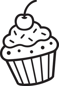Cute Cupcake with Cherry Line Art Vector Illustration -  Outline