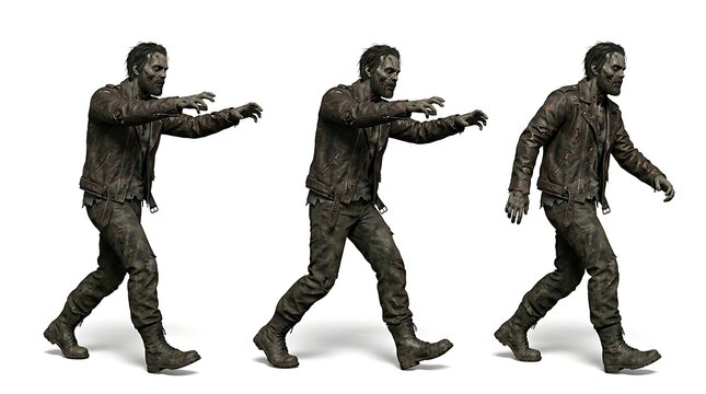 Three stages of a zombie transformation from human to decaying undead creature isolated on white