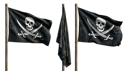 Naklejka premium Three black pirate flags with white skull and crossbones symbols are waving gently on a white backdrop