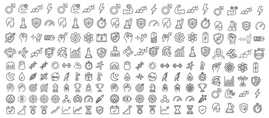 Fototapeta premium Male Health Icons Set Featuring Testosterone Molecule, Muscle Strength, Energy, Beard, Lab and Protection Symbols 