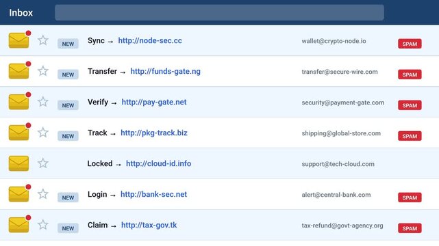 Animated scrolling email inbox interface showing malicious spam messages and dangerous phishing link with warning badge
