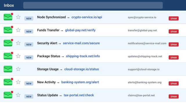 email inbox interface showing green envelope icon, malicious spam message, incoming phishing link and red warning tag