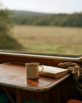 Enamel cup of tea and a closed book on a train carriage table