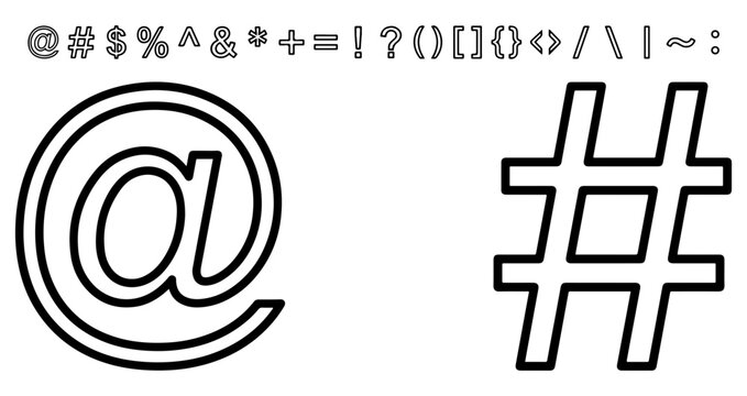 Collection of vector special characters and punctuation marks including large at symbol and hashtag for digital communication and coding design
