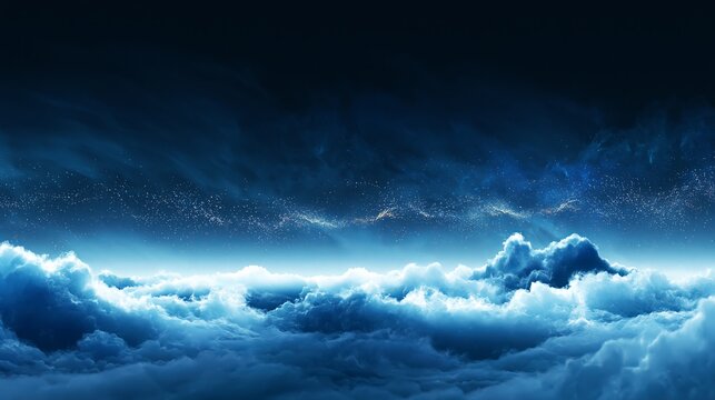 Glowing blue celestial clouds float amidst sparkling stardust in a dark mysterious night sky rendered with deep vibrant cinematic light