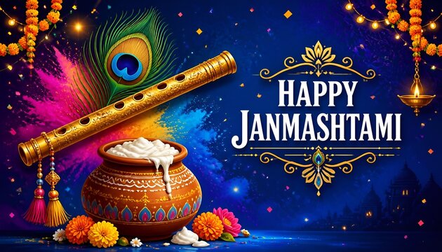Happy janmashtami greeting card with flute, peacock feather, and pot.