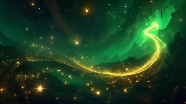 Golden magic sparkle trail glowing brighter in emerald green