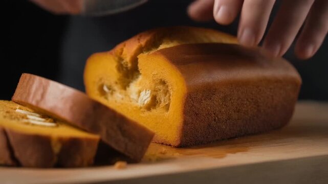 Slicing pumpkin loaf serving action, food scene