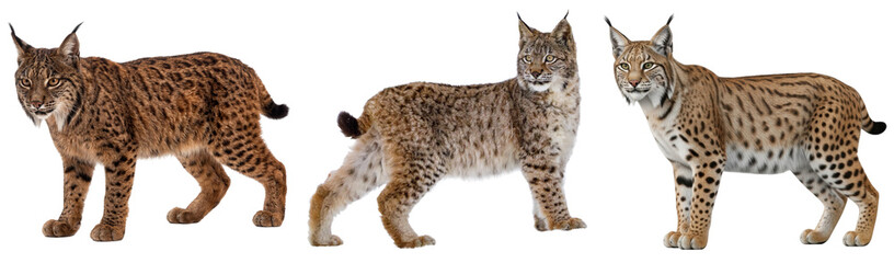 Collection of three Eurasian lynx in various poses, with spotted fur, isolated on a transparent background. © HoangHiep