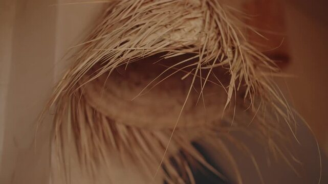 Fringed straw lampshade edge catching warm firelight in a soft extreme close up