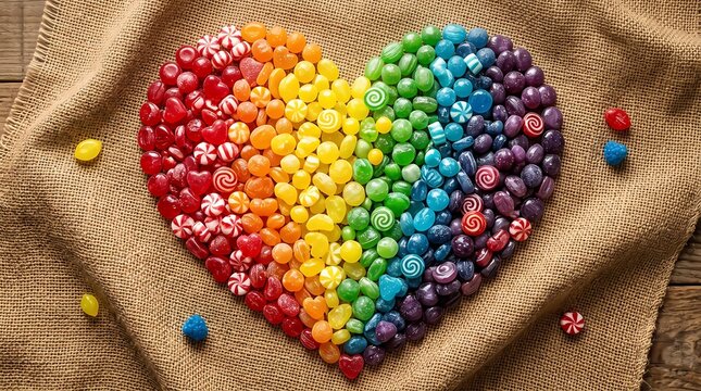 Colorful heart shape made of assorted candies and sweets on a rustic burlap background
