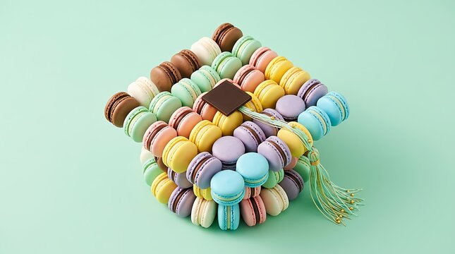 Colorful macaron tower shaped like a graduation cap with tassel and chocolate on mint background