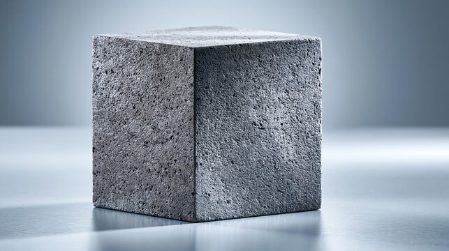 Rough textured grey concrete cube with sharp geometric edges displayed in bright studio lighting with deep shadows and realistic details