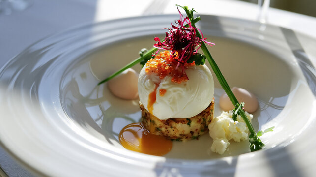 Gourmet poached egg topped with vibrant roe and microgreens, artfully plated on a savory potato cake, creating a luxurious appetizer