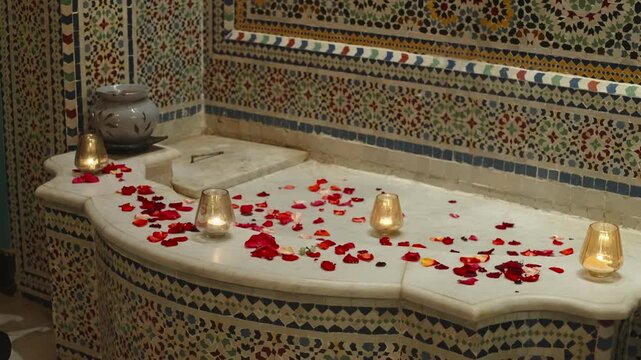Marble hammam bench scattered with rose petals and candles in a zellige tiled room in Morocco