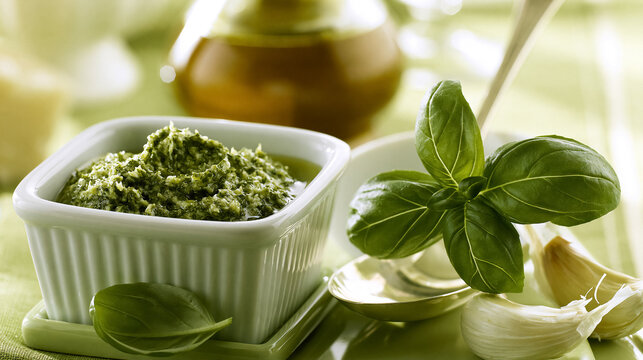 Preparing vibrant green basil pesto sauce, showcasing fresh basil leaves, garlic cloves, and olive oil, ideal for healthy cooking