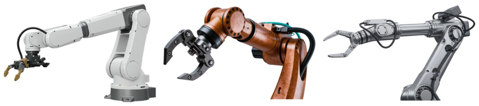 Collection of modern industrial robotic arms in various designs, isolated on transparent background.