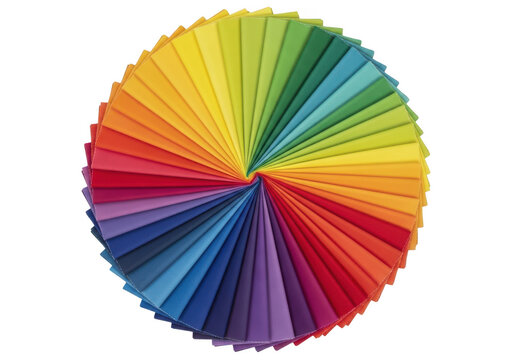 A vibrant circular arrangement of folded fabric swatches displaying a full rainbow spectrum of colors, radiating from a central point against a solid black background