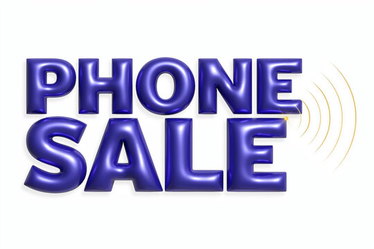 Phone sale 3D text in glossy purple, mobile device discount banner, cellular promotion graphic with signal waves on white background