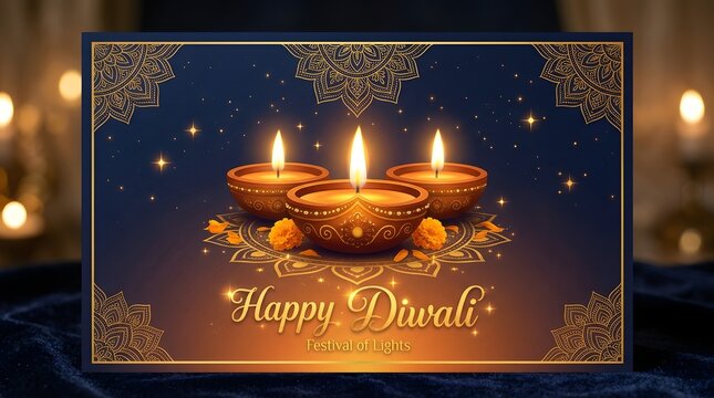 Happy diwali greeting card with glowing traditional oil lamps and marigold flowers on a dark blue background with golden mandala patterns