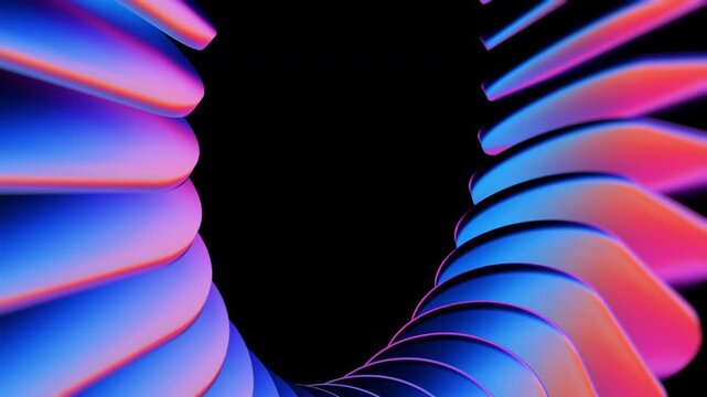 Vibrant abstract gradient composition of twisting neon ribbons forming a circular tunnel frame around a deep black center, conveying depth, motion and futuristic digital design energy.