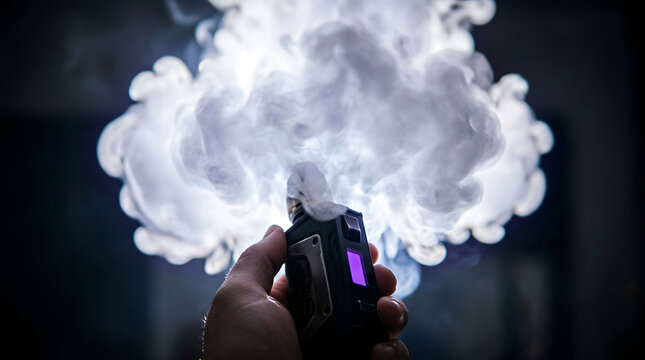 Vaping with electronic cigarette, e-cigarette cloud, handheld vape mod, vaporizer, smoke ring formation, aerosol mist, vaping lifestyle, dark background