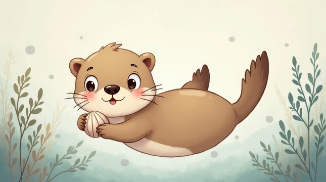 Adorable nutria de dibujos animados flotando boca arriba mientras sostiene una peque&ntilde;a concha marina; cuerpo redondeado y esponjoso