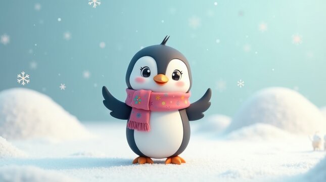 Adorable ping&uuml;ino de dibujos animados con una bufanda peque&ntilde;a y colorida, de pie con las alas ligeramente abiertas