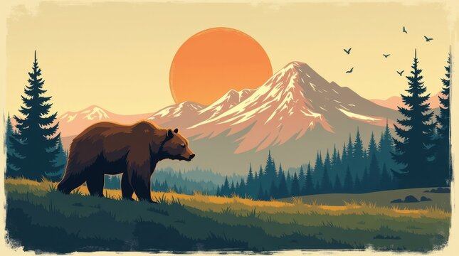 Ilustraci&oacute;n de un p&oacute;ster de viaje vintage con un oso