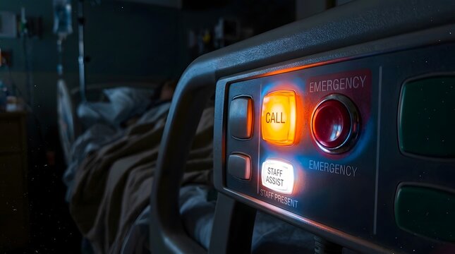 Emergency Call Button in Dark Hospital Room, Patient in Bed, Medical Care Alert System, Nighttime Healthcare Concept, Urgent Help Request