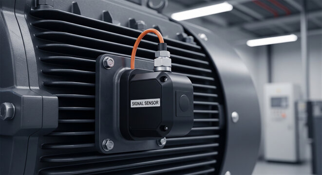 Industrial vibration sensor mounted on electric motor, smart factory predictive maintenance technology, heavy machinery monitoring