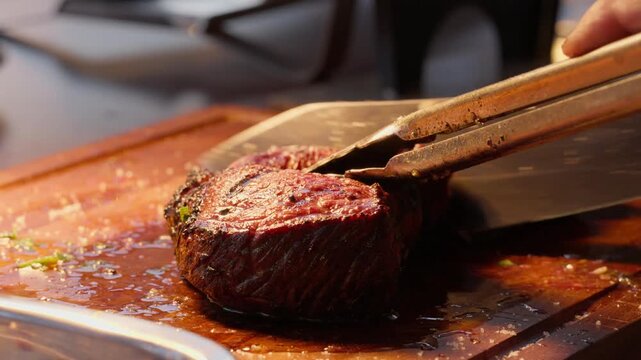 Chef carving a rested grilled steak with knife and tongs on a wooden board with juices