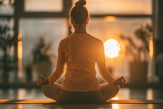 Young Multiracial Woman Meditating On Yoga Mat In Bright Minimalist Apartment Authentic Lifestyle Mental Health Wellness Natural Lighting Indoor Plants Realism Mindfulness Relaxation