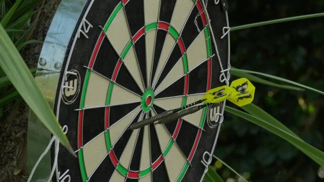Darts thrown at a dartboard hung outdoors landing near the bullseye during a game