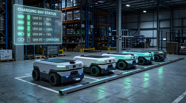 Autonomous warehouse robots charging in fleet formation; smart logistics technology with holographic charging bay status display; digital automation in distribution center