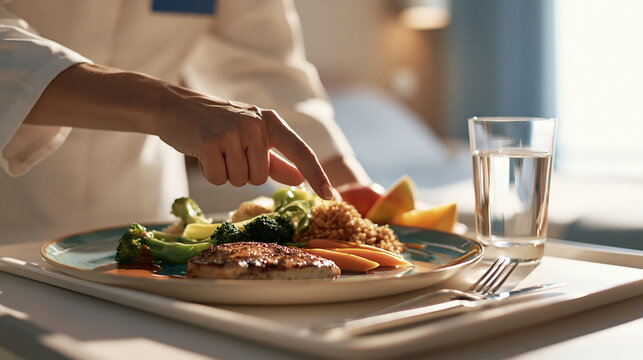 Hospital Food Service Worker Serving Healthy Balanced Meal with Vegetables, Chicken, and Grain on Patient Tray