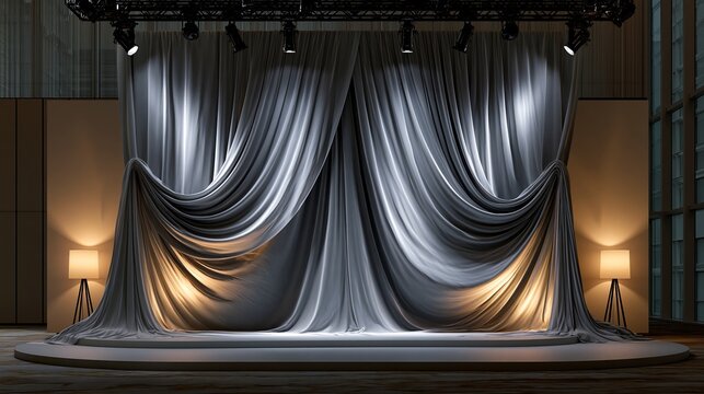 Elegant silver fabric curtains drape gracefully over a minimalist stage featuring dramatic top lighting and warm ambient floor lamp glow